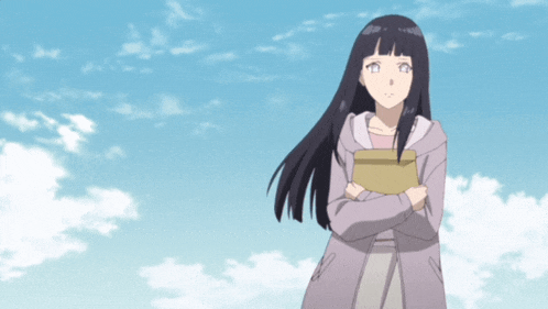 a girl with long black hair is standing with her arms crossed and holding a book