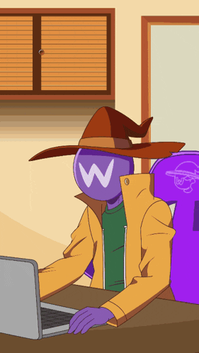 a cartoon character wearing a witch hat with the letter w on it
