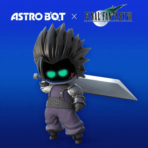 an astro bot x final fantasy vii advertisement with cloud strife holding a sword