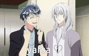 two anime characters are standing next to each other in a room .
