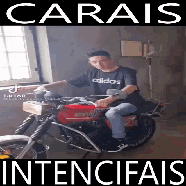a man wearing an adidas shirt is riding a motorcycle