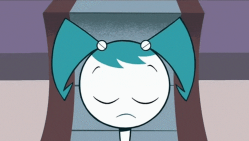 a cartoon character with blue hair is sitting down with her eyes closed and a sad look on her face .
