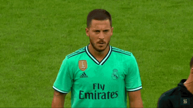 a man wearing a green fly emirates jersey