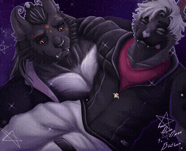 a drawing of two furry characters with the numbers 1 and 2 written on the bottom