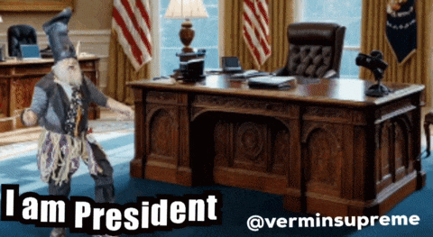 a man in a wizard costume is standing in front of a desk with the words " i am president " on it