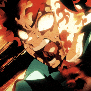 a close up of a cartoon character with flames coming out of his eyes