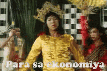 a woman in a yellow dress with the words para sa ekonomiya written on it