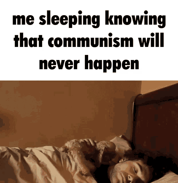 a man is sleeping in a bed with a stuffed animal and a caption that says me sleeping knowing that communism will never happen