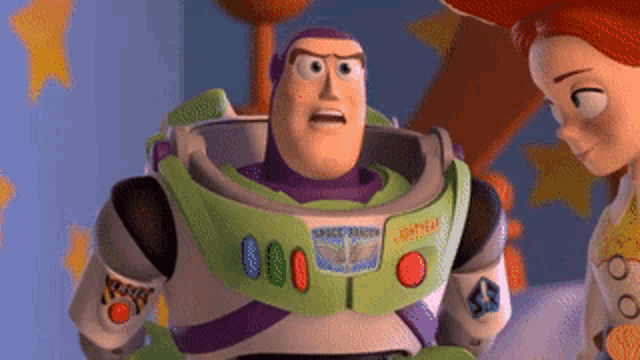 a toy story character named buzz lightyear is standing next to jessie