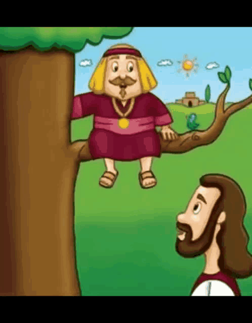 jesus is talking to a man sitting on a tree branch .