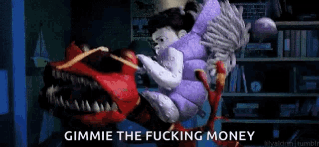a cartoon character is being attacked by a monster with the words gimmie the fucking money written on the bottom