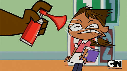 a cartoon of a girl being sprayed with a red spray can by cn