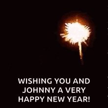 a fireworks display with the words `` wishing you and johnny a very happy new year ''