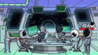 a group of astronauts are gathered around a table with a screen that says " current plan " on it