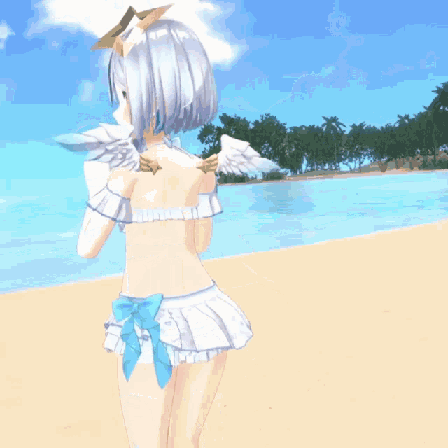 a girl with wings is standing on the beach