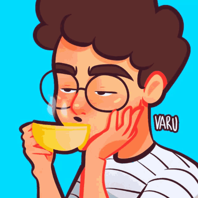 a cartoon of a man drinking from a cup with varu written on the bottom right