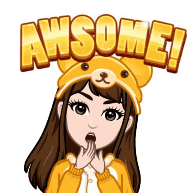 a cartoon girl wearing a teddy bear hat with awsome written on it