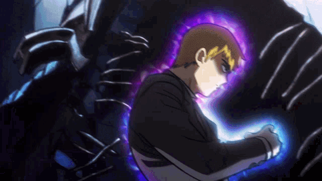 a man in a black jacket is surrounded by purple glowing hands