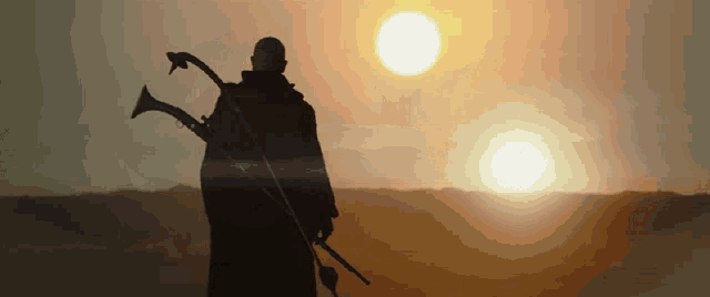 a silhouette of a man holding a trumpet looking at the sun
