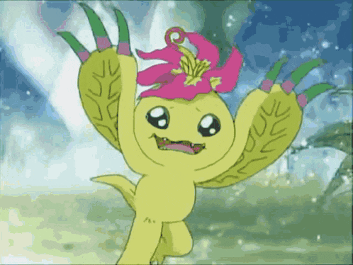 a yellow cartoon character with a pink flower on his head