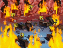 a cartoon scene with spongebob and his friends on fire