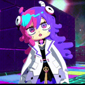 a cartoon character with purple hair and a white coat is standing in front of a purple wall .