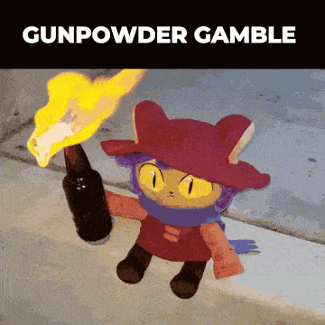 a stuffed animal with a torch and the words gunpowder gamble