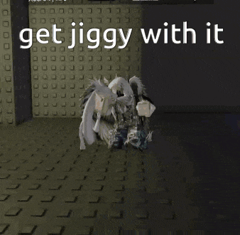 a person with wings is standing in a room with the words get jiggy with it