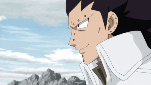 a close up of a cartoon character with a white collar and mountains in the background