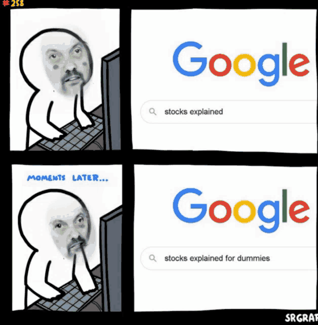 a cartoon of a man looking at a google search for stocks explained for dummies