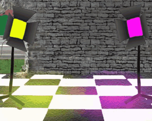 a brick wall and a checkered floor with a yellow and pink light in the foreground
