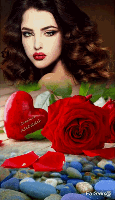 a picture of a woman surrounded by red roses and a red heart that says creative astadelilah