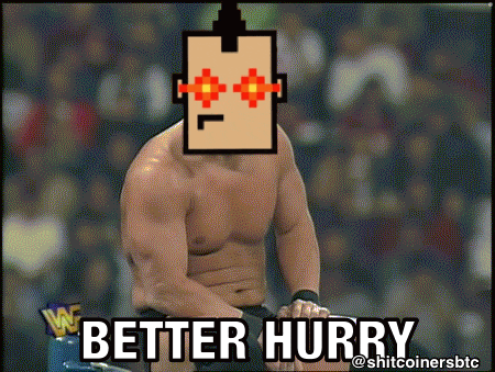 a shirtless wrestler with a pixelated face and the words better hurry