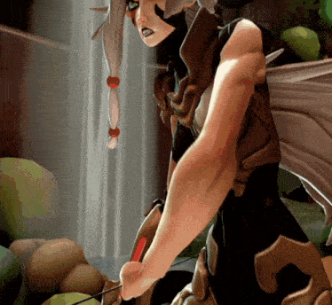 a cartoon character is holding a sword with a red tip