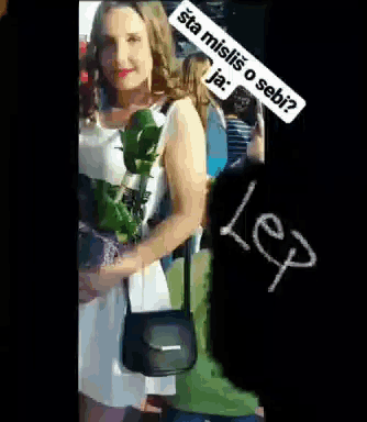 a woman in a white dress is holding a bouquet of flowers and a black purse .