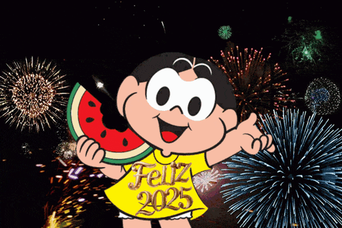 a cartoon character holding a slice of watermelon and wearing a yellow shirt that says feliz 2025