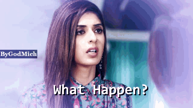 a woman in a floral shirt is asking what happen