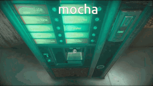 a green vending machine that says mocha on the front