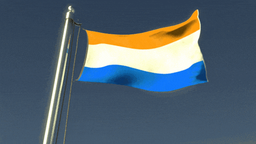 a blue white and orange flag is flying in the wind