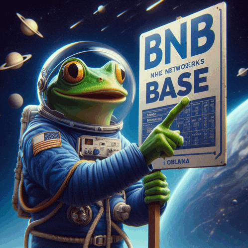 a frog in a space suit holds a sign that says bnb base