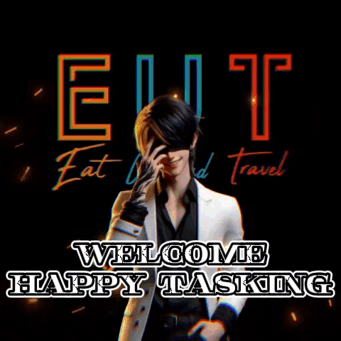 a poster that says " welcome happy tasking " with a man covering his face