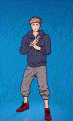 a man in a purple jacket and gray pants is standing in front of a blue background .