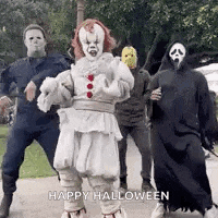 a group of people dressed up in halloween costumes are dancing together .