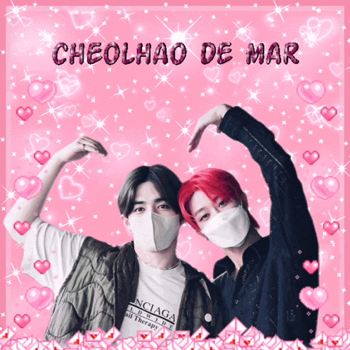 two men wearing face masks are posing for a picture with the words cheolhao de mar written above them