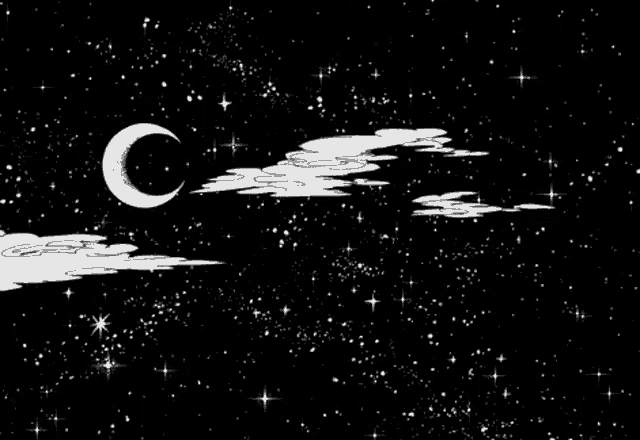 a black and white drawing of a crescent moon in the night sky