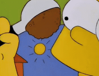 a close up of a cartoon character 's face with a sun in the background .