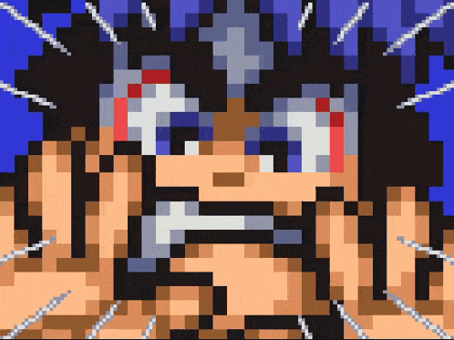 a pixel art of a man 's face with a blue sky in the background