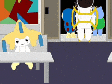 a cartoon of a star sitting on a table in a room