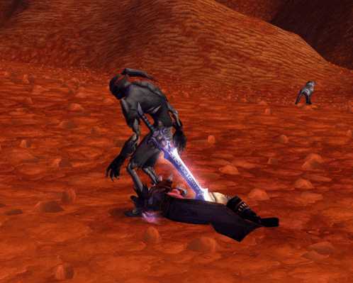 a video game scene with a skeleton holding a sword and a person laying on the ground