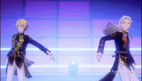 two anime characters are dancing on a stage with psychic 's butterfly eden written on the bottom right